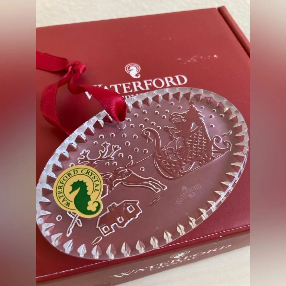 Waterford Crystal Twas the Night Santa Sleigh Ornament Red Ribbon in Box